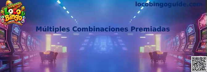 Ilustración de Múltiples Combinaciones Premiadas en Loco Bingo, con ejemplos de figuras y patrones de cartón